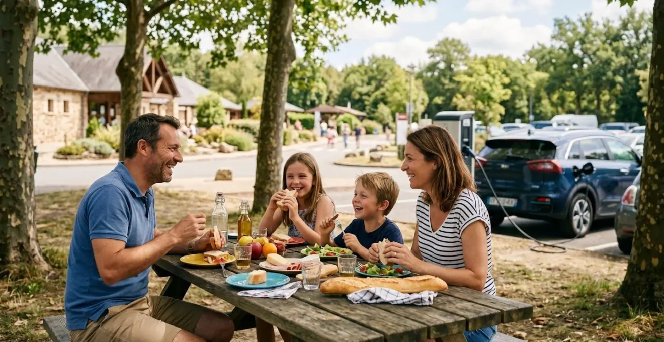 Famille prenant une pause déjeuner à une aire d'autoroute pendant la recharge de leur véhicule électrique