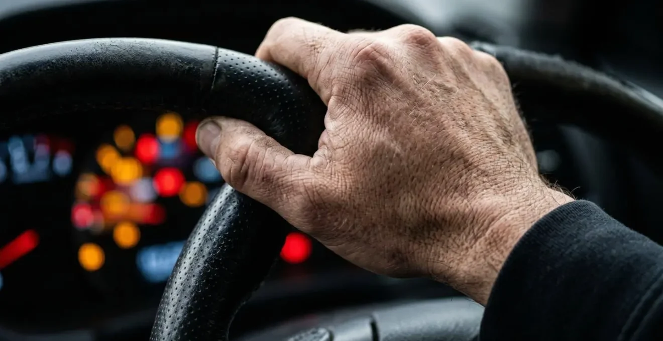 Vue macro des mains d'un conducteur reprenant rapidement le contrôle du volant avec voyants d'alerte flous en arrière-plan