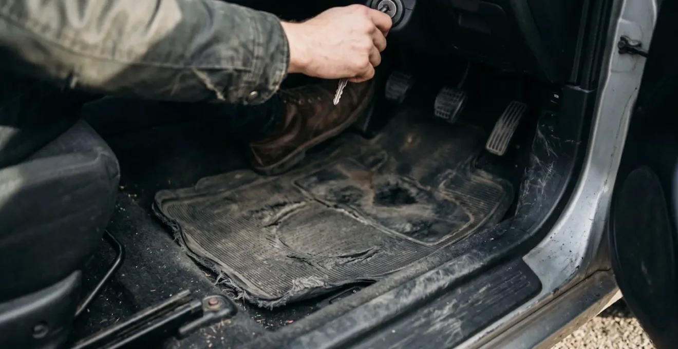 Zone d'usure du tapis côté conducteur montrant l'effilochage et le ramollissement