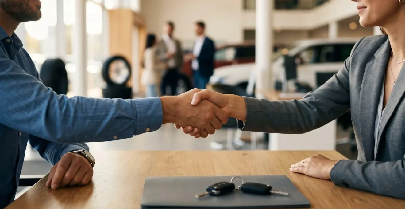 Poignée de main entre vendeur et acheteur avec documents de vente automobile sur table