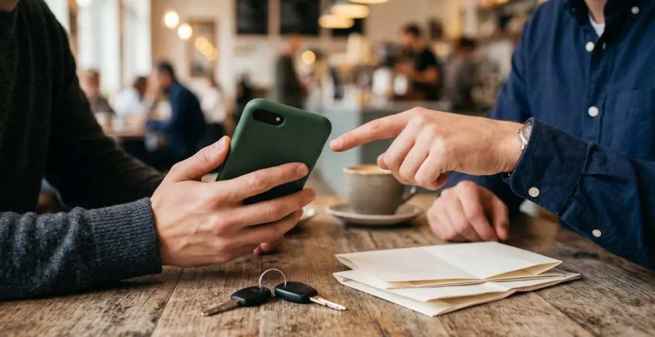 Vendeur montrant son téléphone avec rapport HistoVec lors d'une transaction automobile
