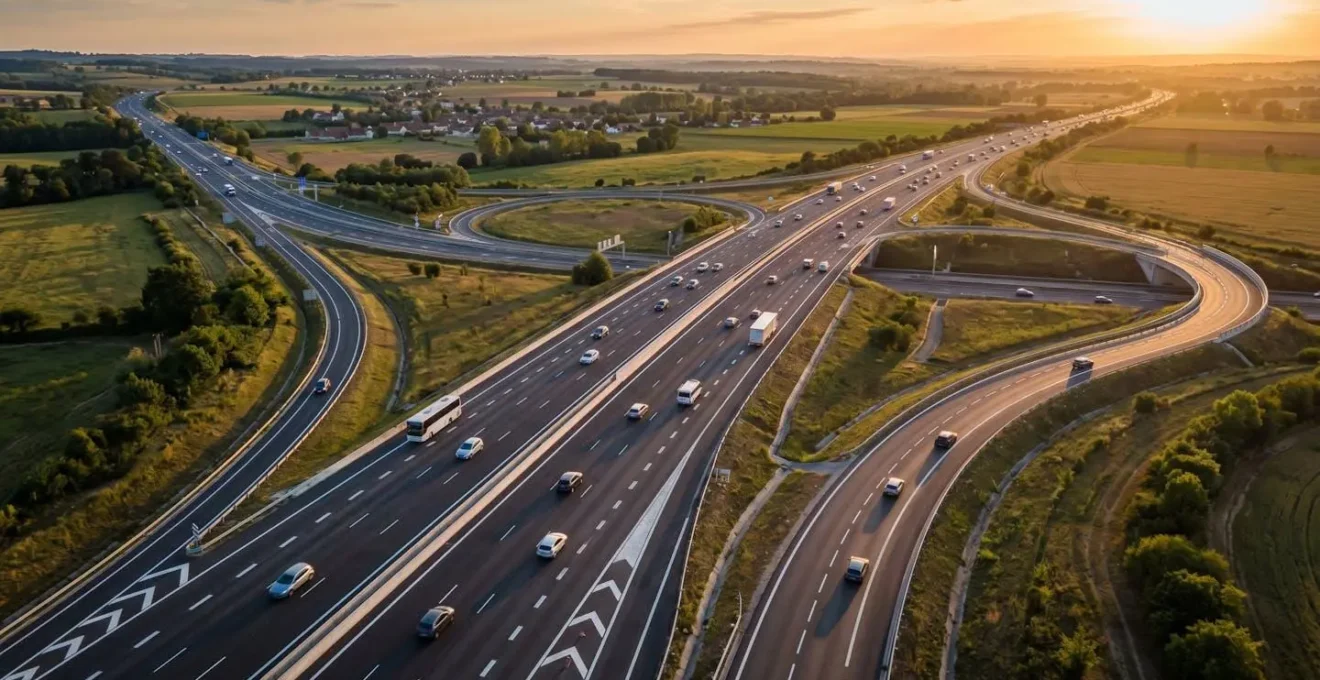 Vue aérienne d'une autoroute moderne avec véhicules en circulation fluide et séparation centrale