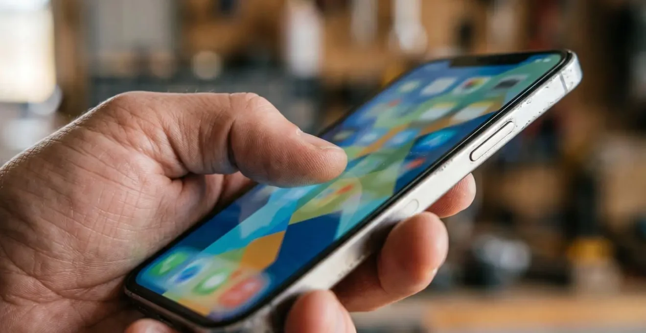 Main tenant un smartphone montrant une interface de réservation garage d'urgence