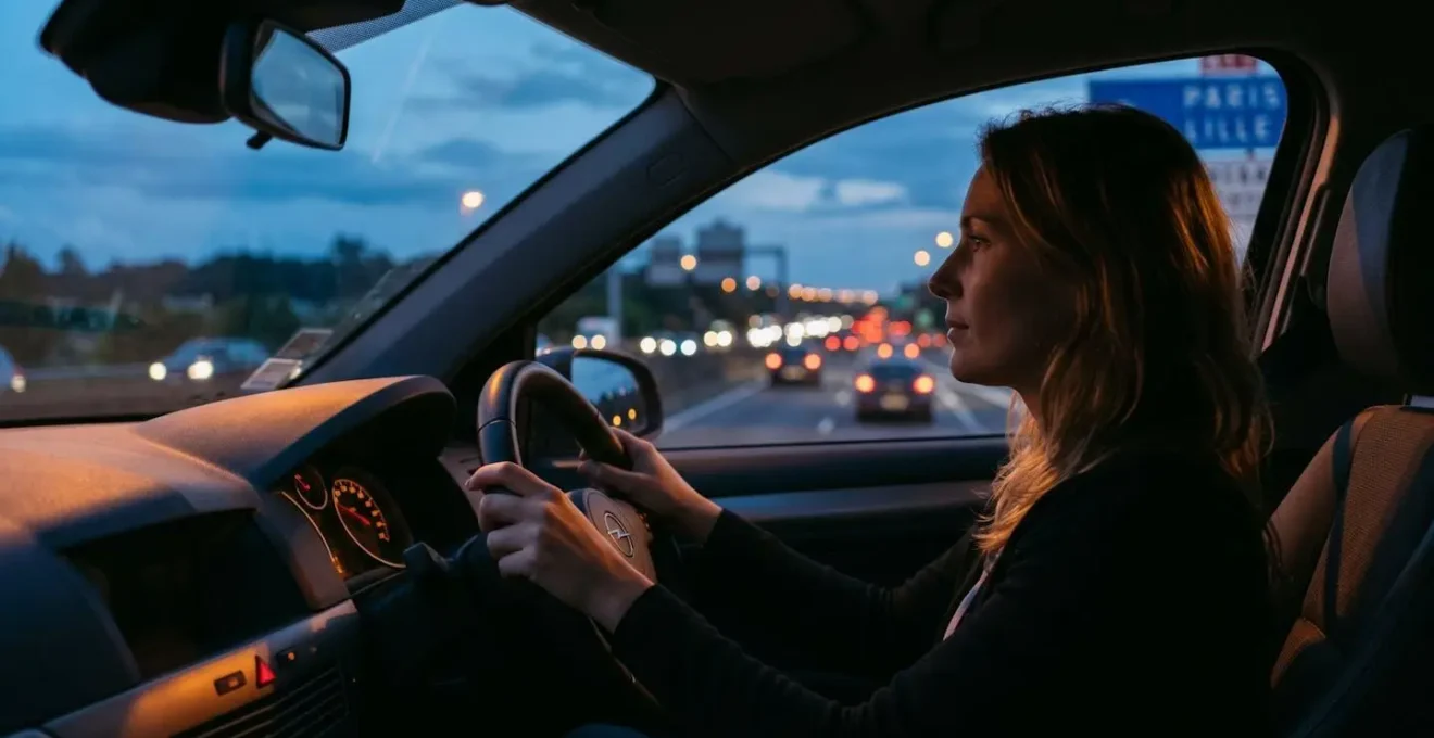 Intérieur de voiture la nuit avec éclairage d'ambiance tamisé et tableau de bord